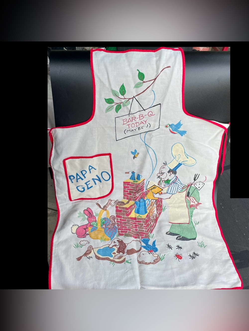 Vintage BBQ Full Apron Color Transferware Barbecue Chef Animals Papa Geno 50’s
